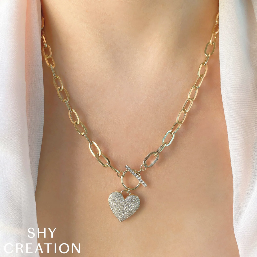 Shy Creation Diamond Pave Heart Paper Clip Link Necklace 0.50 CT - SC55022370