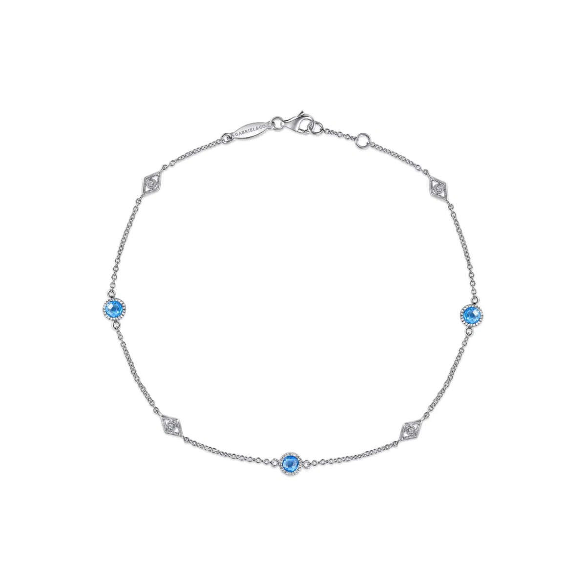 Gabriel & Co. 925 Sterling Silver Ankle Bracelet with Blue Topaz and White Sapphire Stations