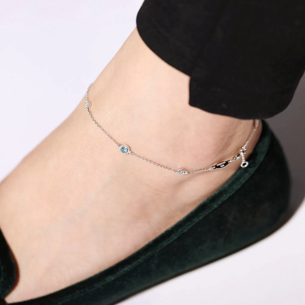 Gabriel & Co. 925 Sterling Silver Ankle Bracelet with Blue Topaz and White Sapphire Stations