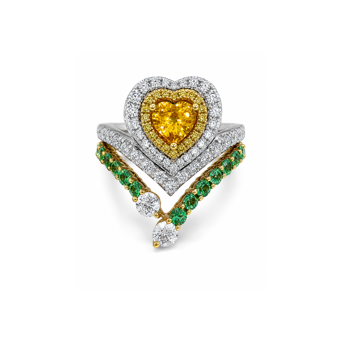 Heart Brilliant Cut Yellow Sapphire Double Diamond Halo V Ring