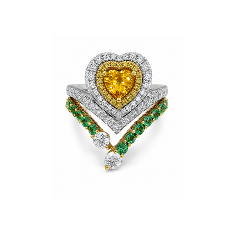 Heart Brilliant Cut Yellow Sapphire Double Diamond Halo V Ring-Heart Brilliant Cut Yellow Sapphire Double Diamond Halo V Ring