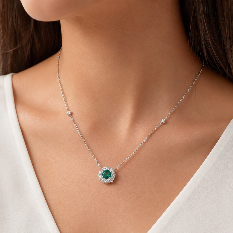 18K Emerald Diamond Halo Necklace