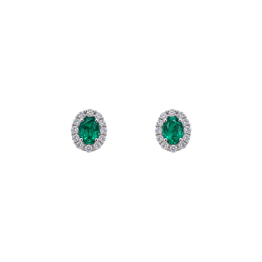 18K Emerald Diamond Halo Stud Earrings