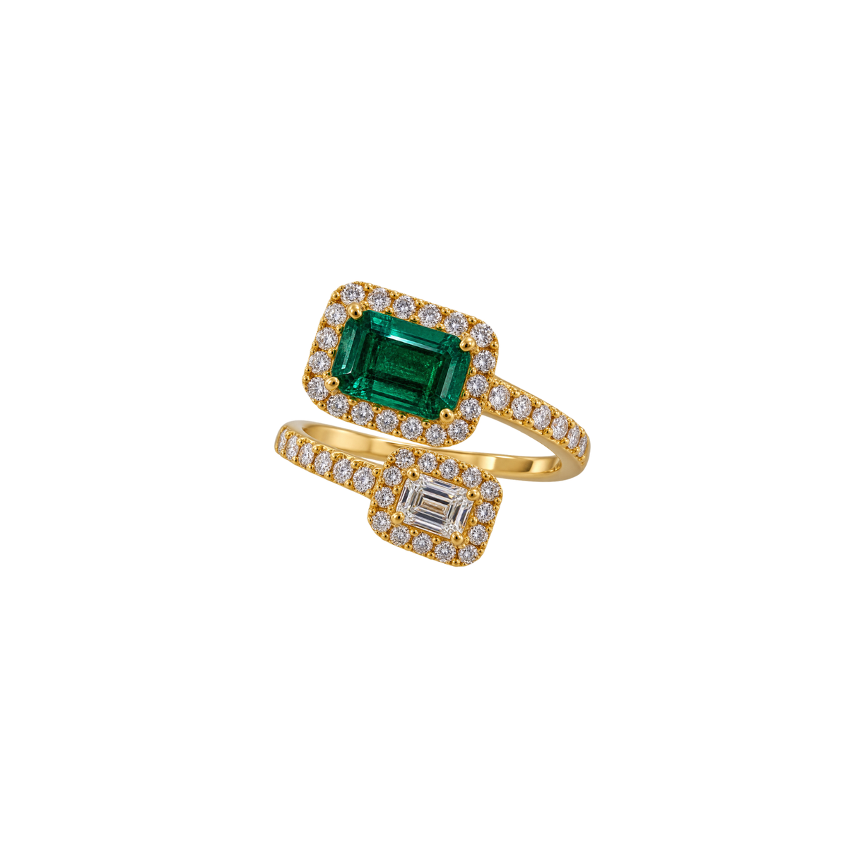 18K Bypass Emerald Diamond Halo Ring