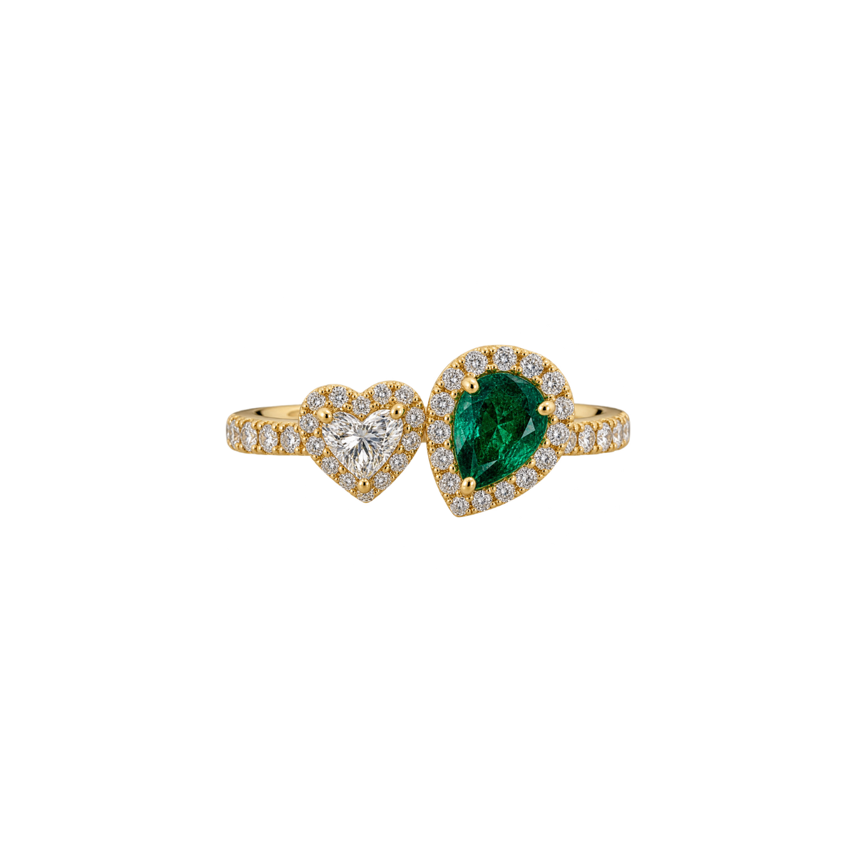 18K “Toi et Moi” Pear Cut Emerald Diamond Halo Ring