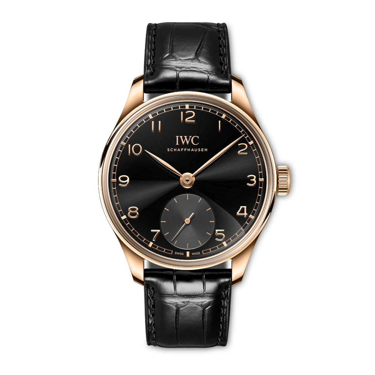 IWC Schaffhausen Portugieser Automatic in a 40.4mm 18ct 5N gold case with black obsidian dial on black Santoni alligator strap, featuring a small seconds display and automatic movement.