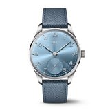 IWC Schaffhausen Portugieser Automatic 40-IWC Schaffhausen Portugieser Automatic 40 - IW358402 - IWC Schaffhausen Portugieser Automatic in a 40mm white gold case with horizon blue dial on Santoni leather strap, featuring a small seconds display and automatic movement.