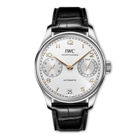 IWC Schaffhausen Portugieser Automatic 42-IWC Schaffhausen Portugieser Automatic 42 - IW501701 - IWC Schaffhausen Portugieser Automatic in a 42mm stainless steel with silver dial on leather strap, featuring a power reserve indicator, small seconds display, date display, and automatic movement.