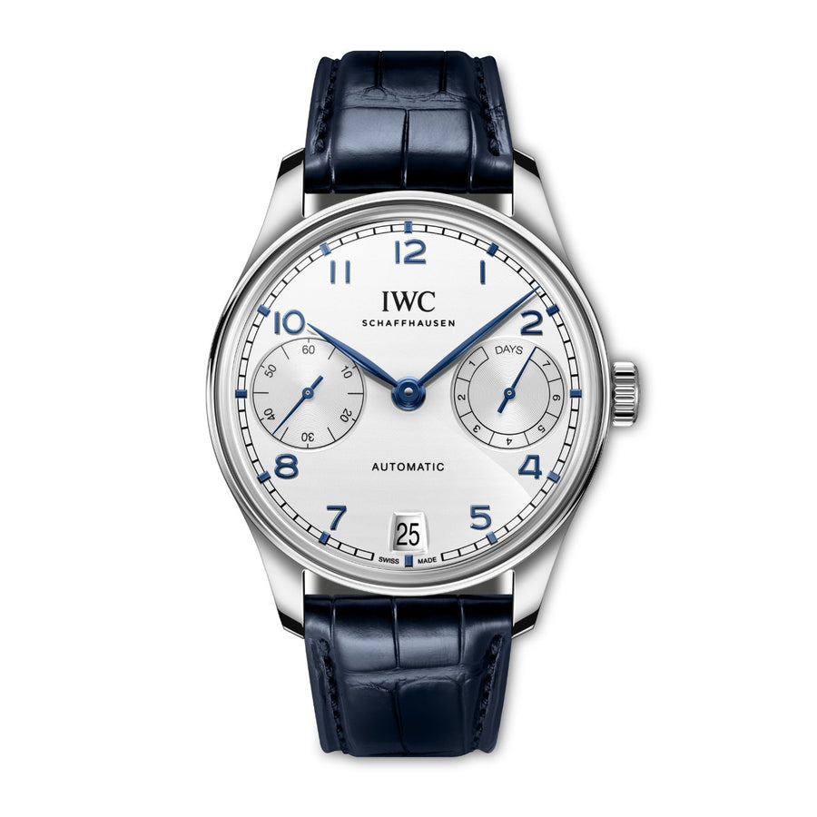 IWC Schaffhausen Portugieser Automatic 42 - IW501702 - IWC Schaffhausen Portugieser Automatic in a 42mm stainless steel case with silver dial on leather strap, featuring small seconds display, power reserve indicator and automatic movement.