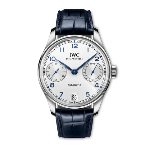IWC Schaffhausen Portugieser Automatic 42-IWC Schaffhausen Portugieser Automatic 42 - IW501702 - IWC Schaffhausen Portugieser Automatic in a 42mm stainless steel case with silver dial on leather strap, featuring small seconds display, power reserve indicator and automatic movement.