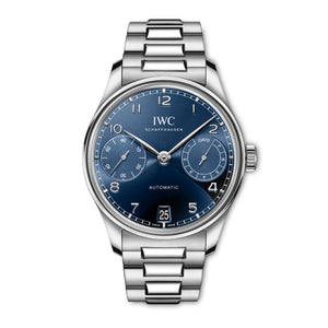 IWC Schaffhausen Portugieser Automatic 42-IWC Schaffhausen Portugieser Automatic in a 42mm stainless steel case with blue dial on stainless steel bracelet, featuring a power reserve indicator, small seconds display, date display and automatic movement.