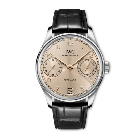 IWC Schaffhausen Portugieser Automatic 42-IWC Schaffhausen Portugieser Automatic 42 - IW501705 - IWC Schaffhausen Portugieser Automatic in a 42mm stainless steel case with dune colored dial with leather strap, featuring power reserve indicator, small seconds display, date display and automatic movement.