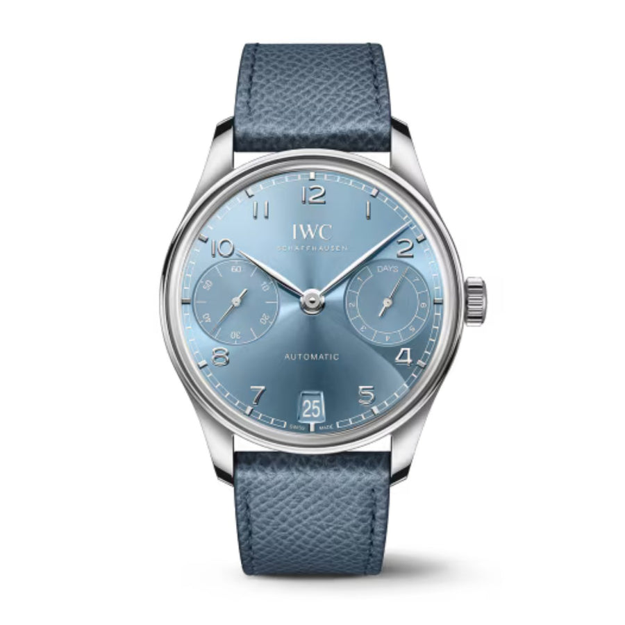 IWC Schaffhausen Portugieser Automatic 42 - IW501708 - IWC Schaffhausen Portugieser Automatic in a 42mm 18 ct white gold case with horizon blue dial on leather strap, featuring a small seconds display, power reserve indicator, date display and automatic movement.