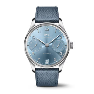 IWC Schaffhausen Portugieser Automatic 42-IWC Schaffhausen Portugieser Automatic 42 - IW501708 - IWC Schaffhausen Portugieser Automatic in a 42mm 18 ct white gold case with horizon blue dial on leather strap, featuring a small seconds display, power reserve indicator, date display and automatic movement.