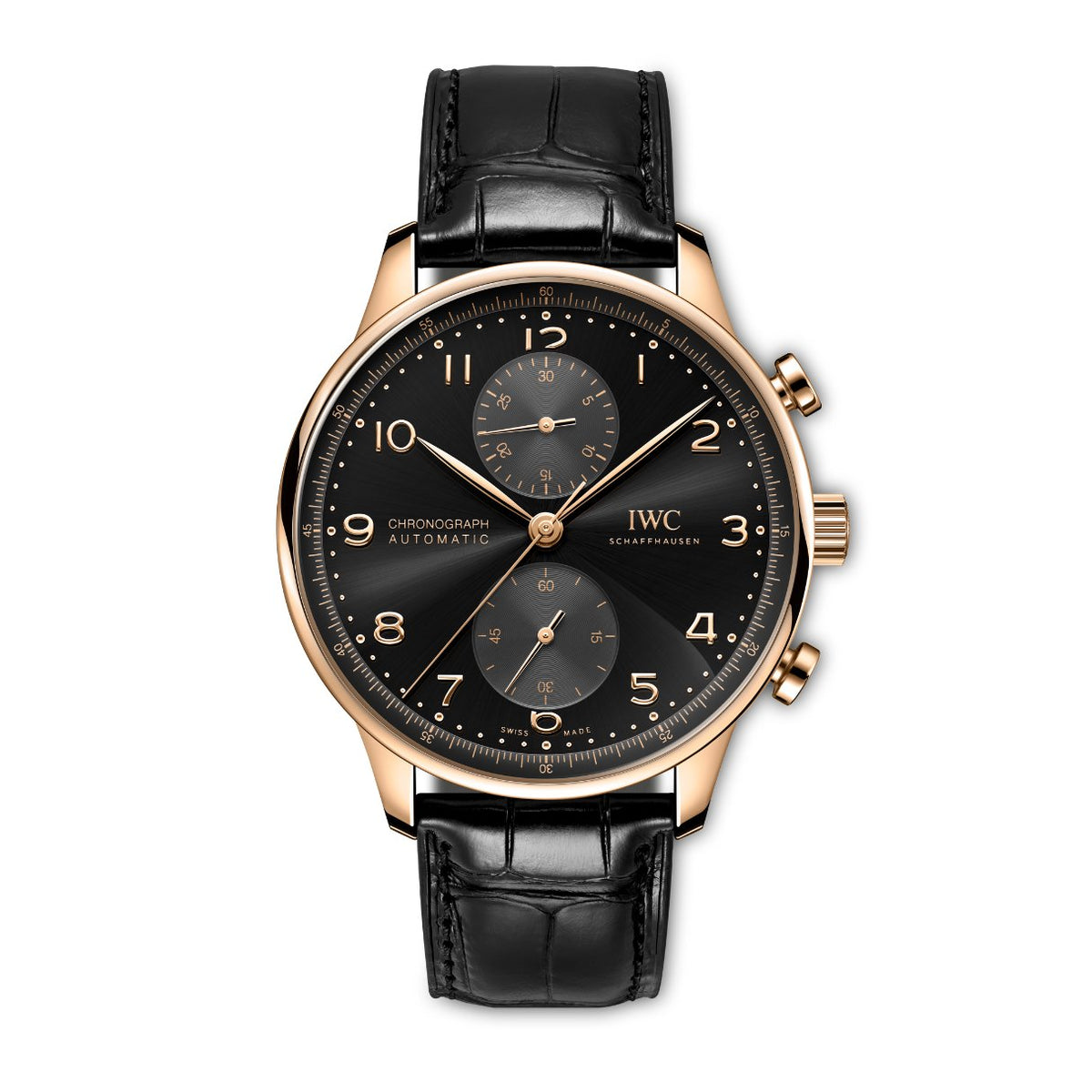 IWC Schaffhausen Portugieser Chronograph - IW371625 - IWC Schaffhausen Portugieser Chronograph in a 41mm 18 ct 5N gold case with black obsidian dial on black alligator Santoni strap, featuring a chronograph function and automatic movement.