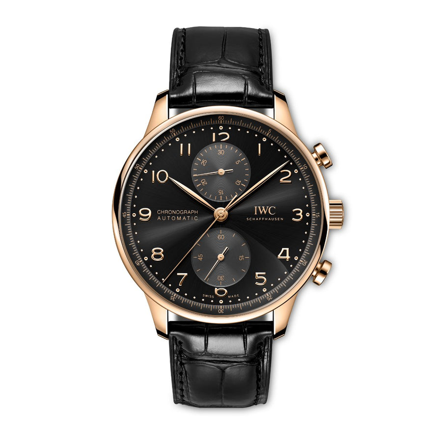 IWC Schaffhausen Portugieser Chronograph - IW371625 - IWC Schaffhausen Portugieser Chronograph in a 41mm 18 ct 5N gold case with black obsidian dial on black alligator Santoni strap, featuring a chronograph function and automatic movement.