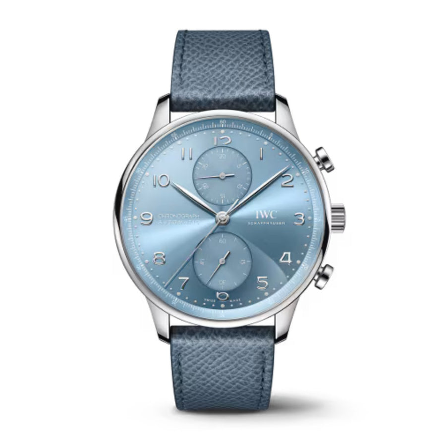 IWC Schaffhausen Portugieser Chronograph - IW371626 - IWC Schaffhausen Portugieser Chronograph in a 41mm white gold case with "horizon" blue dial on leather strap, featuring a chronograph function and automatic movement.