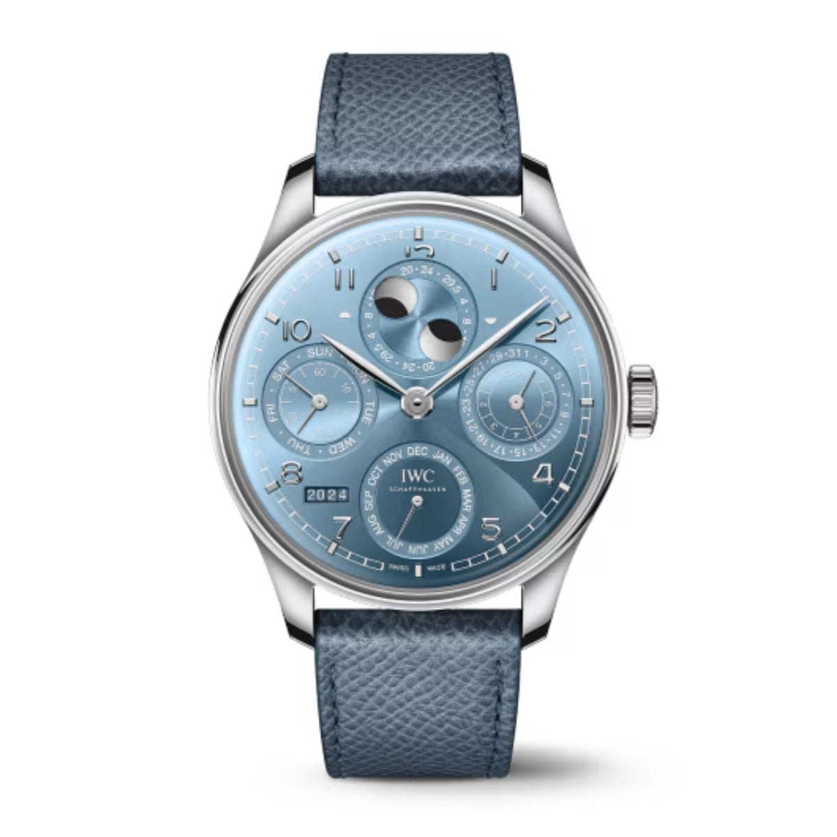 IWC Schaffhausen Portugieser Perpetual Calendar 44 - IW503703 - IWC Schaffhausen Portugieser Perpetual Calendar in a 44mm 18 ct white gold case with horizon blue dial on Santoni leather strap, featuring a perpetual calendar function, double moon phase, and automatic movement.
