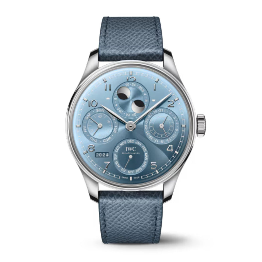 IWC Schaffhausen Portugieser Perpetual Calendar 44 - IW503703 - IWC Schaffhausen Portugieser Perpetual Calendar in a 44mm 18 ct white gold case with horizon blue dial on Santoni leather strap, featuring a perpetual calendar function, double moon phase, and automatic movement.