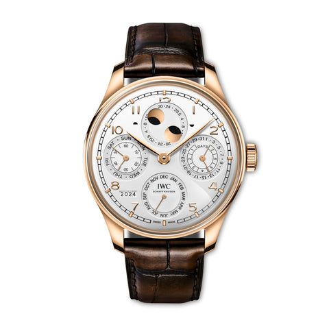 IWC Schaffhausen Portugieser Perpetual Calendar 44mm-IWC Schaffhausen Portugieser Perpetual Calendar - IW503701 - IWC Schaffhausen Portugieser Perpetual Calendar in a 44mm Armor Gold rose gold case with silver dial on leather strap, featuring a perpetual calendar, double moon display and automatic movement.