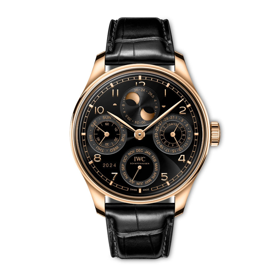 IWC Schaffhausen Portugieser Perpetual Calendar - IW503702 - IWC Schaffhausen Portugieser Perpetual Calendar in a 44mm 18 ct Amor rose gold case with obsidian black dial on Santoni leather strap, featuring a perpetual calendar function, double moon phase, and automatic movement.