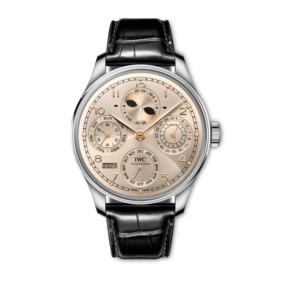 IWC Schaffhausen Portugieser Perpetual Calendar - IW503704 - IWC Schaffhausen Portugieser Perpetual Calendar in a 44mm 18 ct white gold case with dune champagne dial on Santoni leather strap, featuring a perpetual calendar function, double moon phase, and automatic movement.