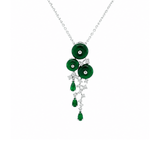 Jade Diamond Pendant and Chain-Silver-tone necklace featuring three round emerald-green elements framed by clear crystal detailing, with three faceted green teardrop stones suspended below. Finished with a fine link chain.
