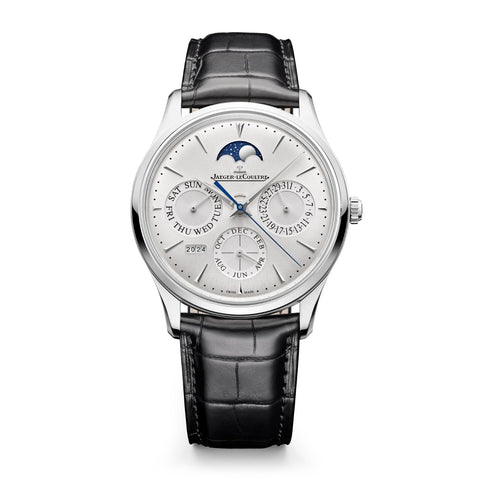 Jaeger-LeCoutlre Master Ultra Thin Perpetual Calendar-Jaeger-LeCoutlre Master Ultra Thin Perpetual Calendar in a 39mm stainless steel case with silver dial on leather strap, featuring a perpetual calendar, moon phase and automatic movement with up to 70 hours of power reserve.