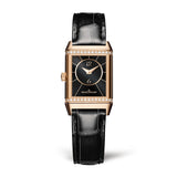 Jaeger-LeCoutlre Reverso Classic Duetto-Jaeger-LeCoutlre Reverso Classic Duetto in a 34mm x 21mm rose gold case with silver dial on one side,  diamond bezel black dial on the other side, featuring a mechanical hand-wound movement with up to 38 hours of power reserve.