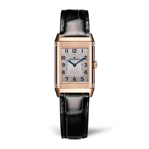 Jaeger-LeCoutlre Reverso Classic Duetto-Jaeger-LeCoutlre Reverso Classic Duetto in a 34mm x 21mm rose gold case with silver dial on one side,  diamond bezel black dial on the other side, featuring a mechanical hand-wound movement with up to 38 hours of power reserve.