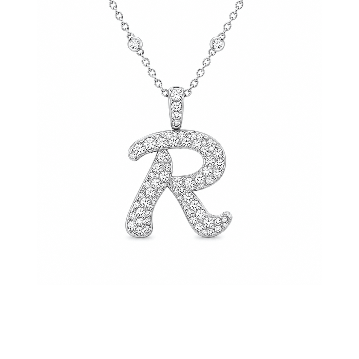 Letter "R" Diamond Necklace in 18 karat white gold.