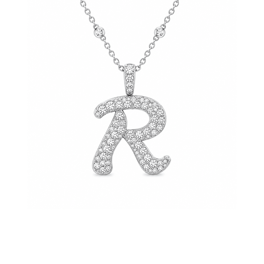 Letter "R" Diamond Necklace in 18 karat white gold.