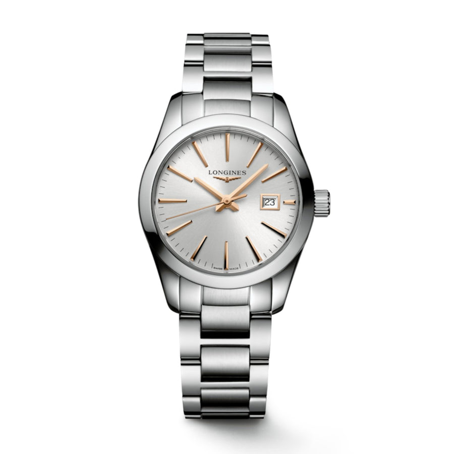 Longines Conquest Classic - L2.286.4.72.6 - The watch features a 29mm stainless steel case and silver dial, as well as a date display and quartz movement.