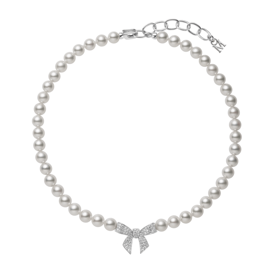Mikimoto Akoya Cultured Pearl and Diamond Bow Charm Necklace - MNQ10109ADXW