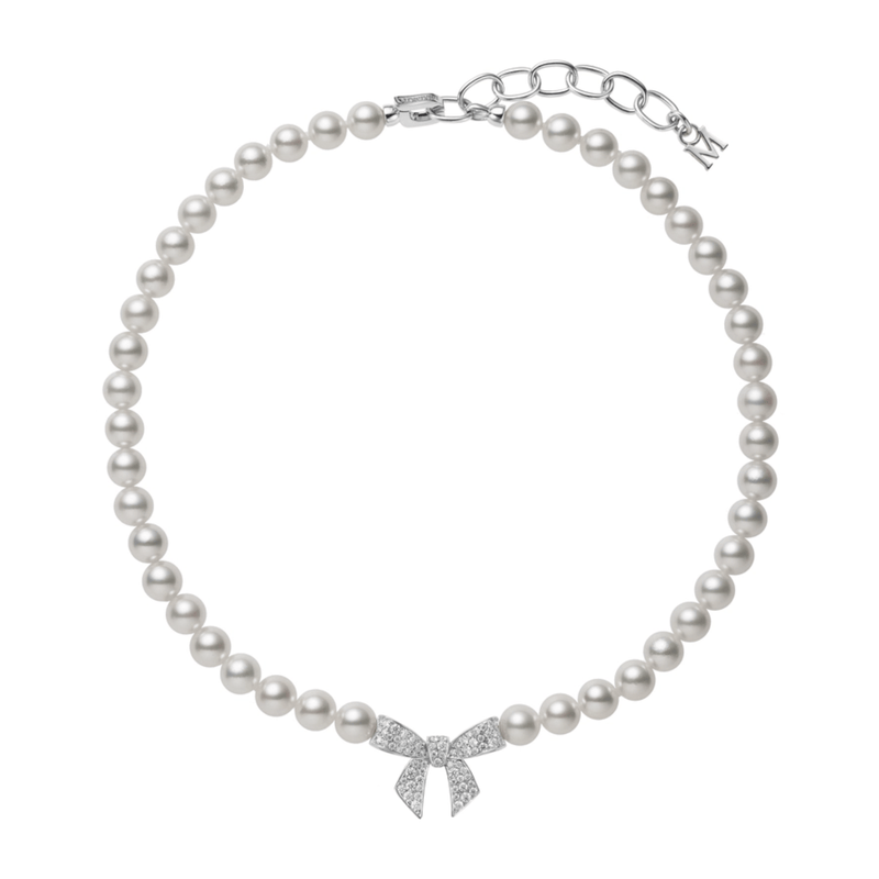 Mikimoto Akoya Cultured Pearl and Diamond Bow Charm Necklace-Mikimoto Akoya Cultured Pearl and Diamond Bow Charm Necklace - MNQ10109ADXW