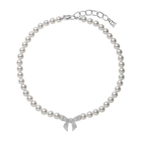 Mikimoto Akoya Cultured Pearl and Diamond Bow Charm Necklace-Mikimoto Akoya Cultured Pearl and Diamond Bow Charm Necklace - MNQ10109ADXW