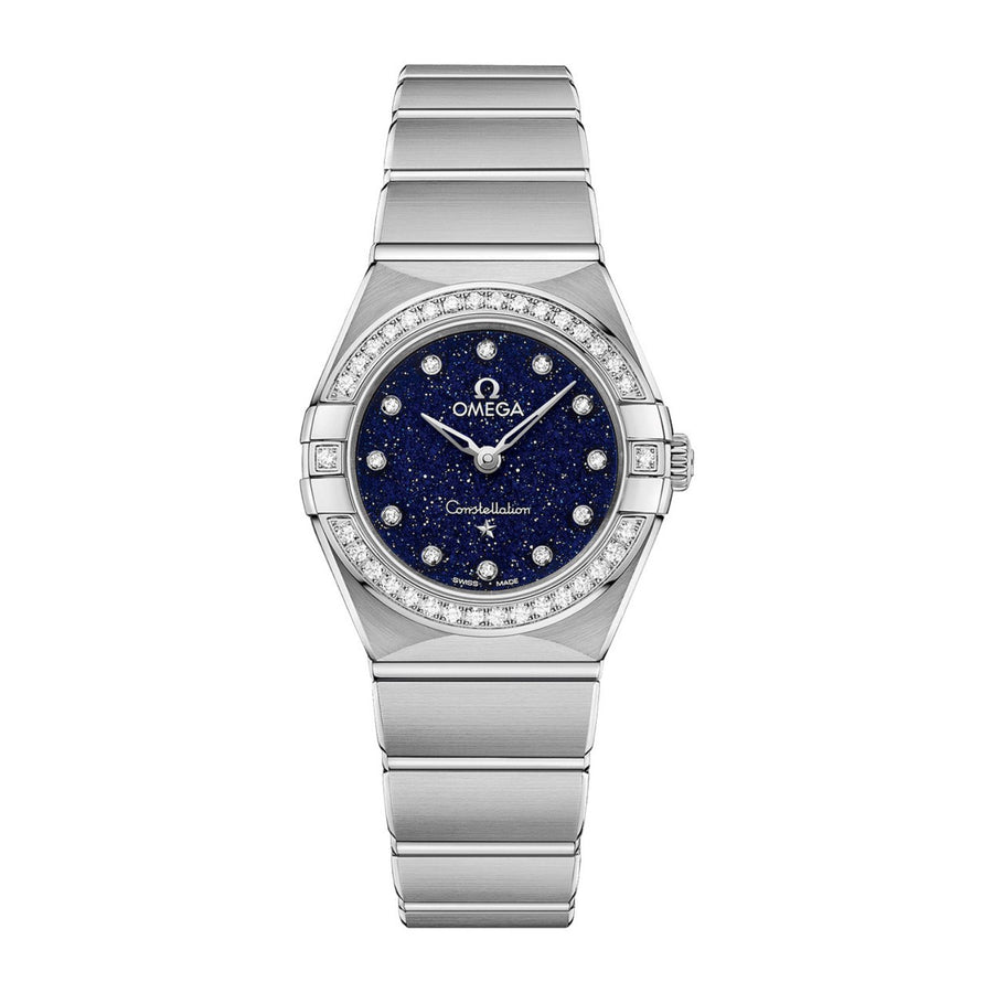 Omega Constellation in a 25mm stainless steel diamond bezel case with blue aventurine glass dial on stainless steel bracelet, featuring diamond markers and a quartz movement.