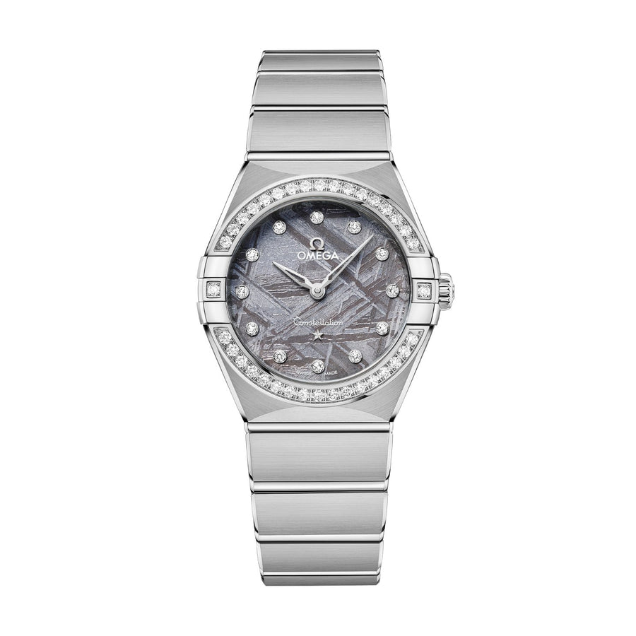Omega Constellation 28mm - 131.15.28.60.99.001 - Omega Constellation Meteorite in a 28mm stainless steel diamond bezel case with grey meteorite dial on stainless steel bracelet, featuring diamond markers and quartz movement.