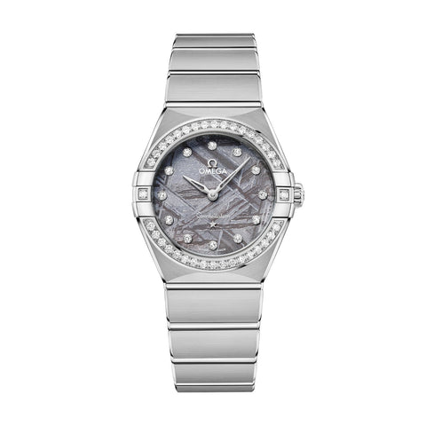 Omega Constellation Meteorite Quartz 28mm-Omega Constellation 28mm - 131.15.28.60.99.001 - Omega Constellation Meteorite in a 28mm stainless steel diamond bezel case with grey meteorite dial on stainless steel bracelet, featuring diamond markers and quartz movement.