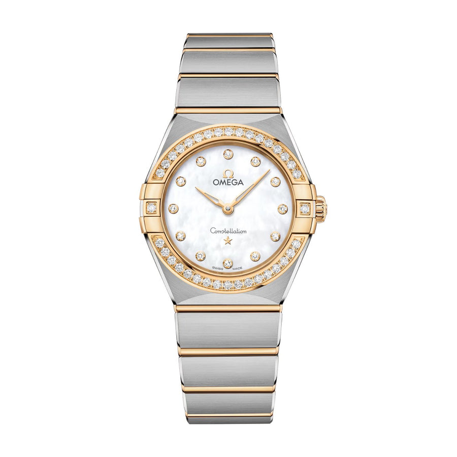 Omega Constellation 28mm - 131.25.28.60.55.002 - Omega Constellation in a 28mm stainless steel/yellow gold case with mother-of-pearl dial on stainless steel/yellow gold bracelet, featuring diamond markers and a quartz movement.