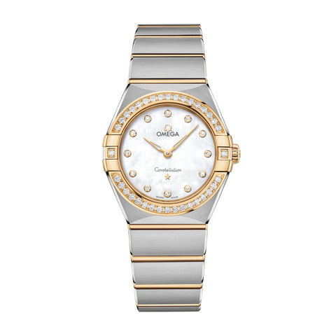 Omega Constellation 28mm-Omega Constellation 28mm - 131.25.28.60.55.002 - Omega Constellation in a 28mm stainless steel/yellow gold case with mother-of-pearl dial on stainless steel/yellow gold bracelet, featuring diamond markers and a quartz movement.