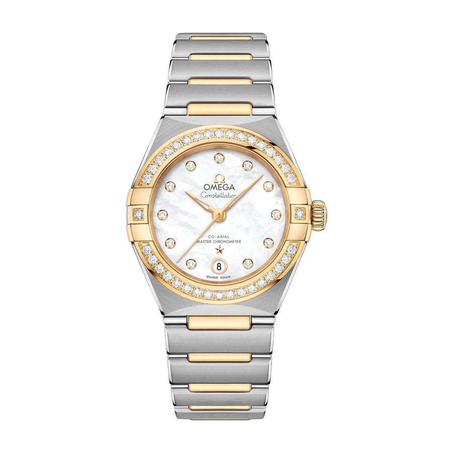 Omega Constellation 29mm - 131.25.29.20.55.002 - Omega Constellation in a 29mm stainless steel/yellow gold diamond bezel case with mother-of-pearl dial on stainless steel/yellow gold bracelet, featuring a date display and automatic movement.