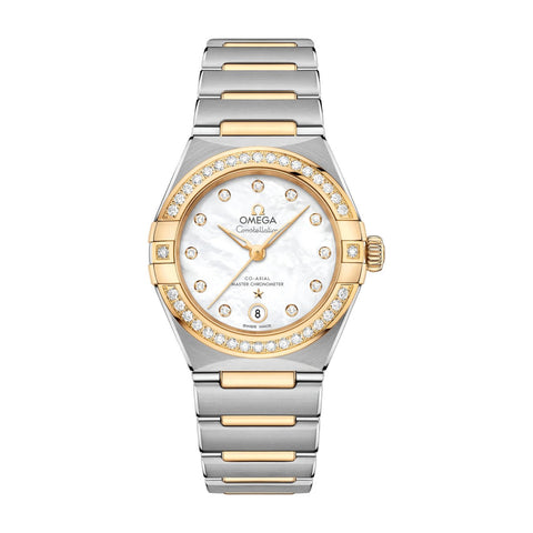 Omega Constellation 29mm-Omega Constellation 29mm - 131.25.29.20.55.002 - Omega Constellation in a 29mm stainless steel/yellow gold diamond bezel case with mother-of-pearl dial on stainless steel/yellow gold bracelet, featuring a date display and automatic movement.