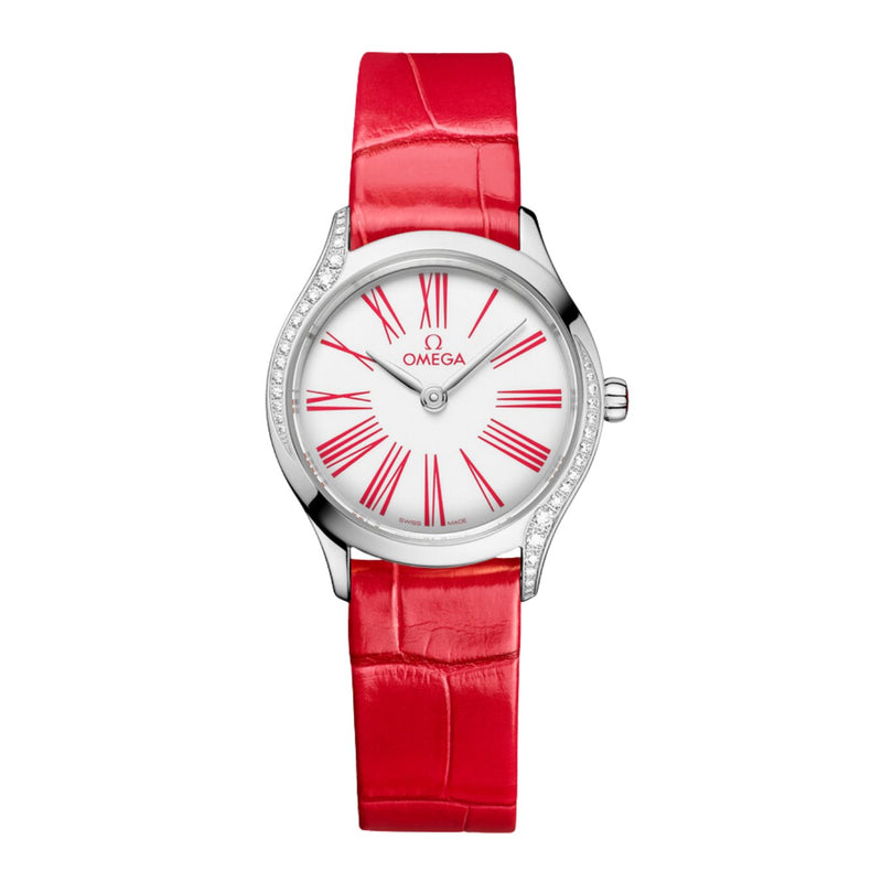 Omega De Ville Mini Trésor 26mm-Omega De Ville Mini Trésor 26mm - 428.18.26.60.04.003 - Omega De Ville Mini Trésor in a 26mm stainless steel diamond bezel case with white enamel dial on leather strap and quartz movement.