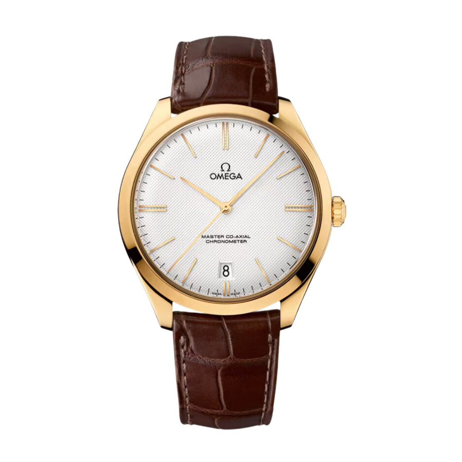 Omega De Ville Trésor in a 40mm yellow gold case with silver opaline dial on leather strap, featuring a date display and mechanical hand-wound movement.