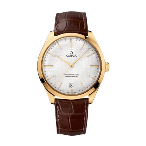 Omega De Ville Trésor-Omega De Ville Trésor in a 40mm yellow gold case with silver opaline dial on leather strap, featuring a date display and mechanical hand-wound movement.