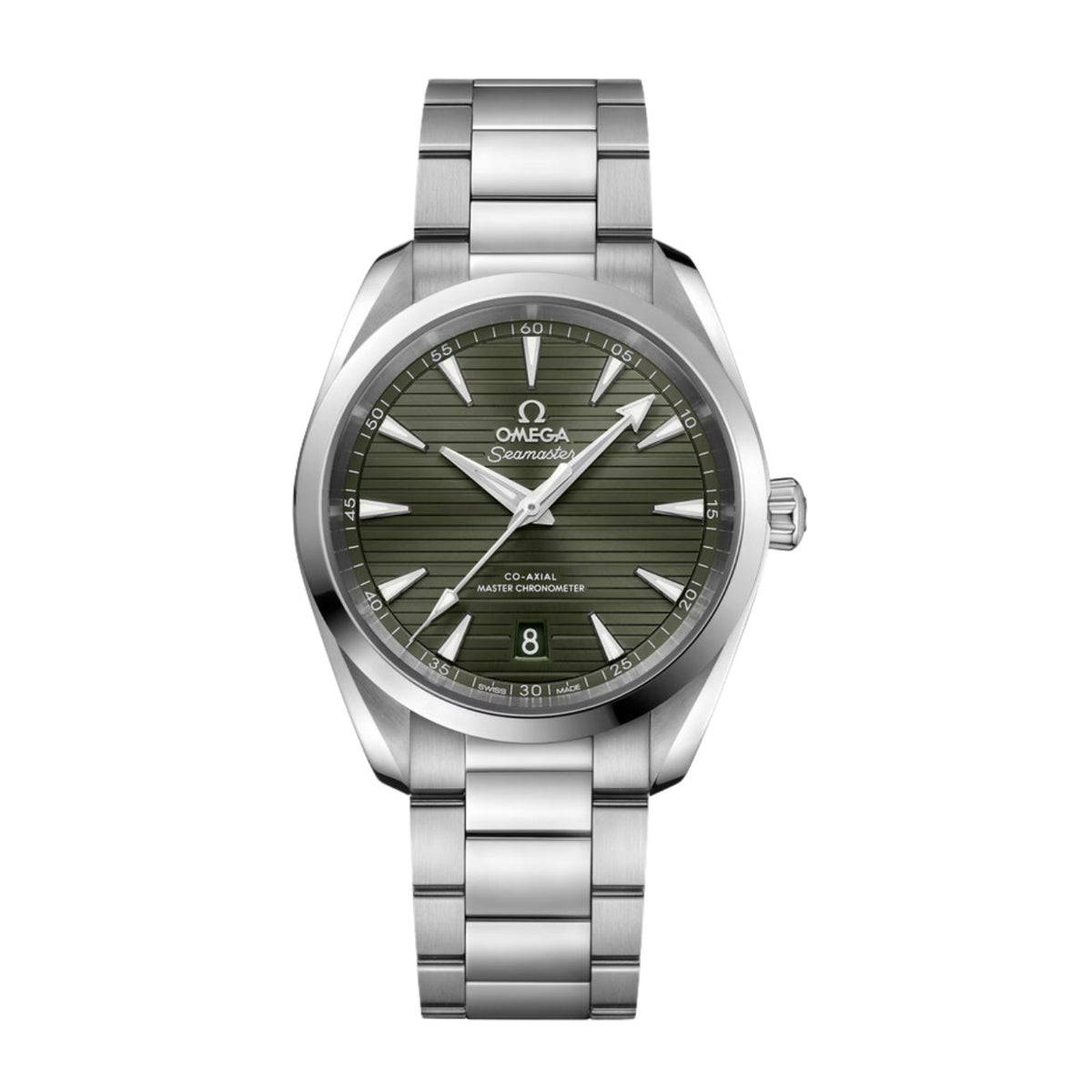 Omega Seamaster Aqua Terra 150m in a 38mm stainless steel case with green dial on stainless steel bracelet, featuring a date display and mechanical self-winding movement.