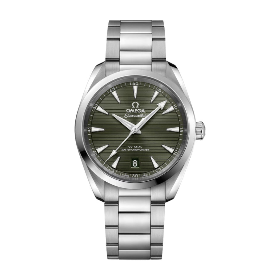 Omega Seamaster Aqua Terra 150m in a 38mm stainless steel case with green dial on stainless steel bracelet, featuring a date display and mechanical self-winding movement.
