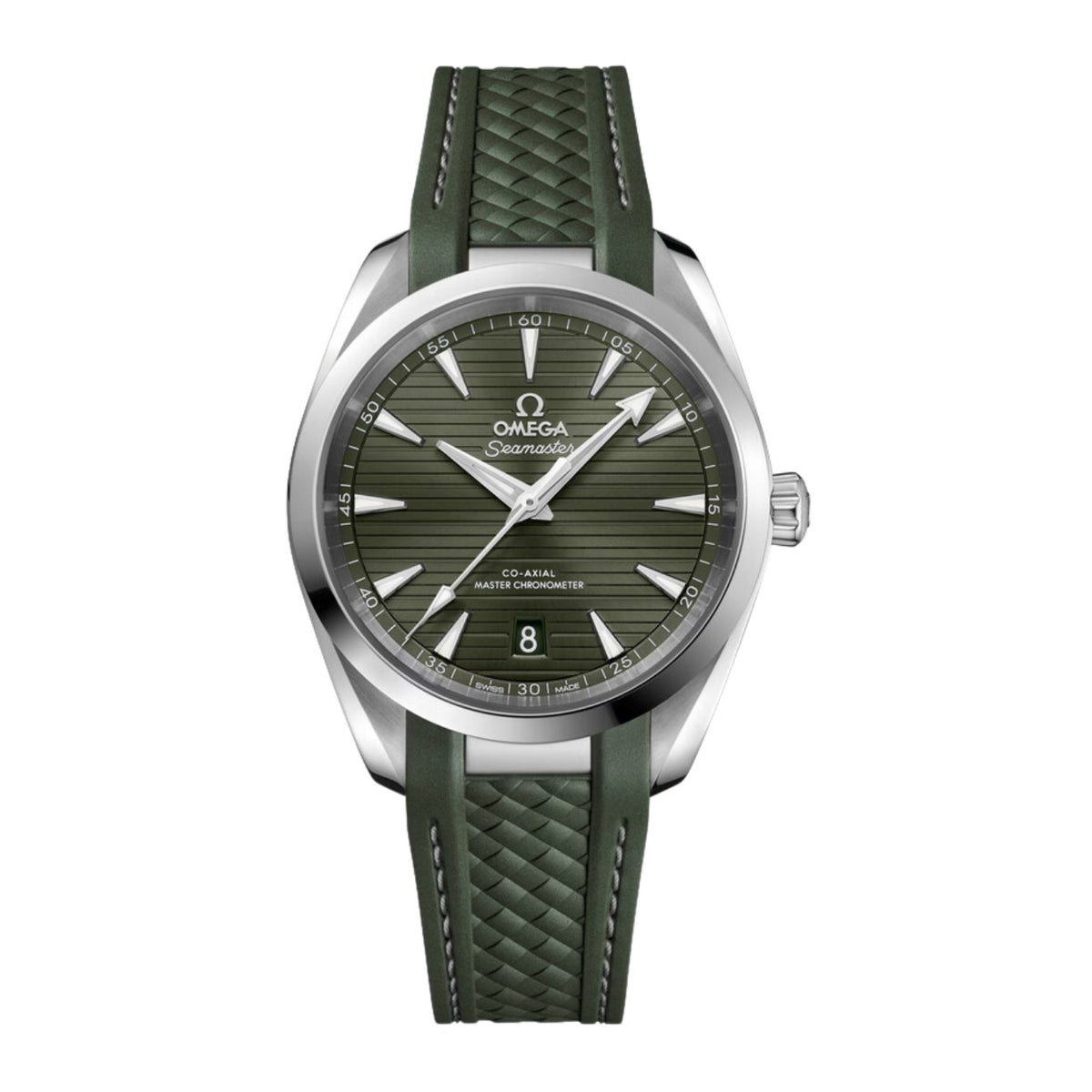 Omega Seamaster Aqua Terra 150m in a 38mm stainless steel case with green dial on rubber strap, featuring a date display and automatic movement.