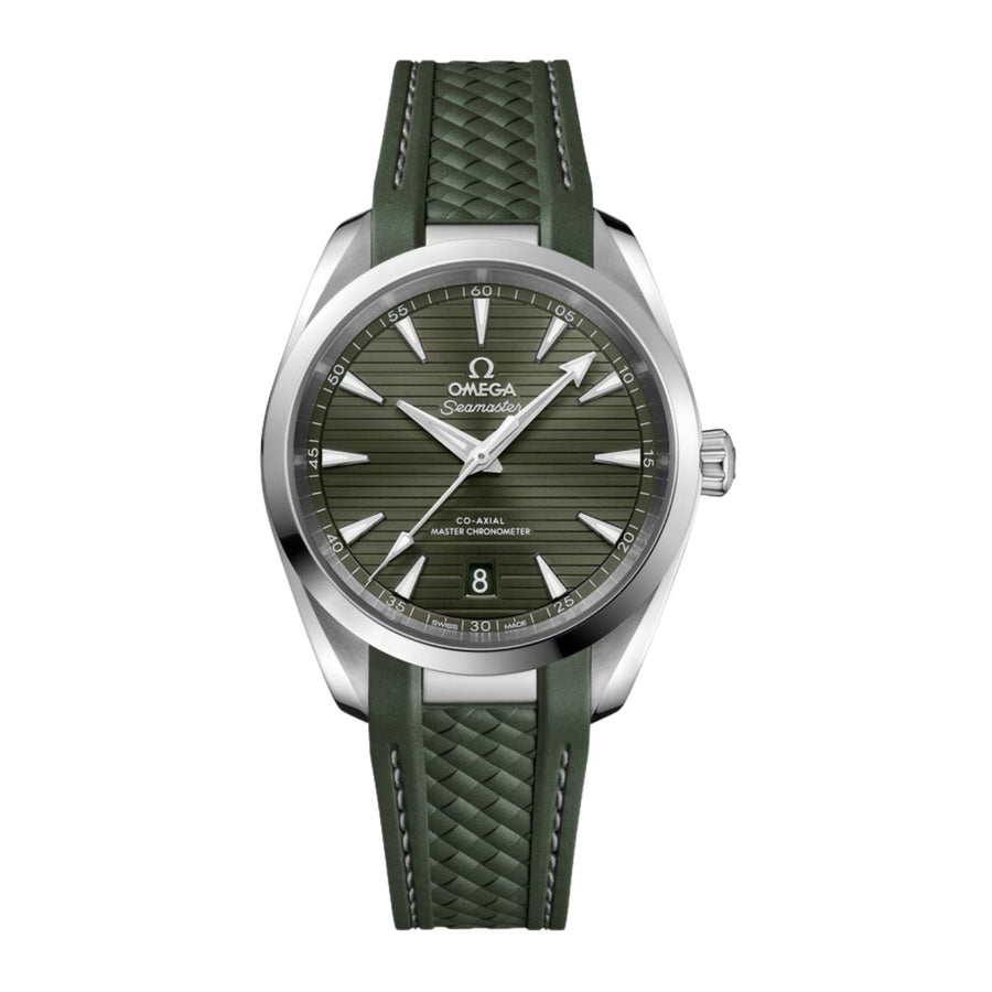 Omega Seamaster Aqua Terra 150m in a 38mm stainless steel case with green dial on rubber strap, featuring a date display and automatic movement.